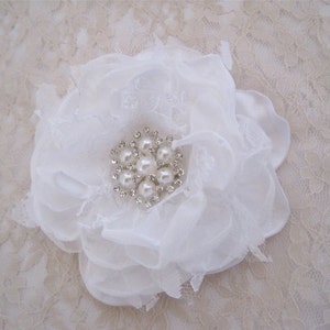 Winter White Satin Chiffon and Lace Bridal Flower Hair Clip Bridal Accessories Bride Bridesmaid Prom with Pearl and Rhinestone Accent image 2