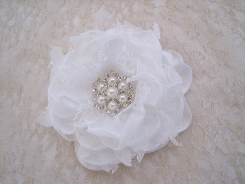 Winter White Satin Chiffon and Lace Bridal Flower Hair Clip Bridal Accessories Bride Bridesmaid Prom with Pearl and Rhinestone Accent image 2