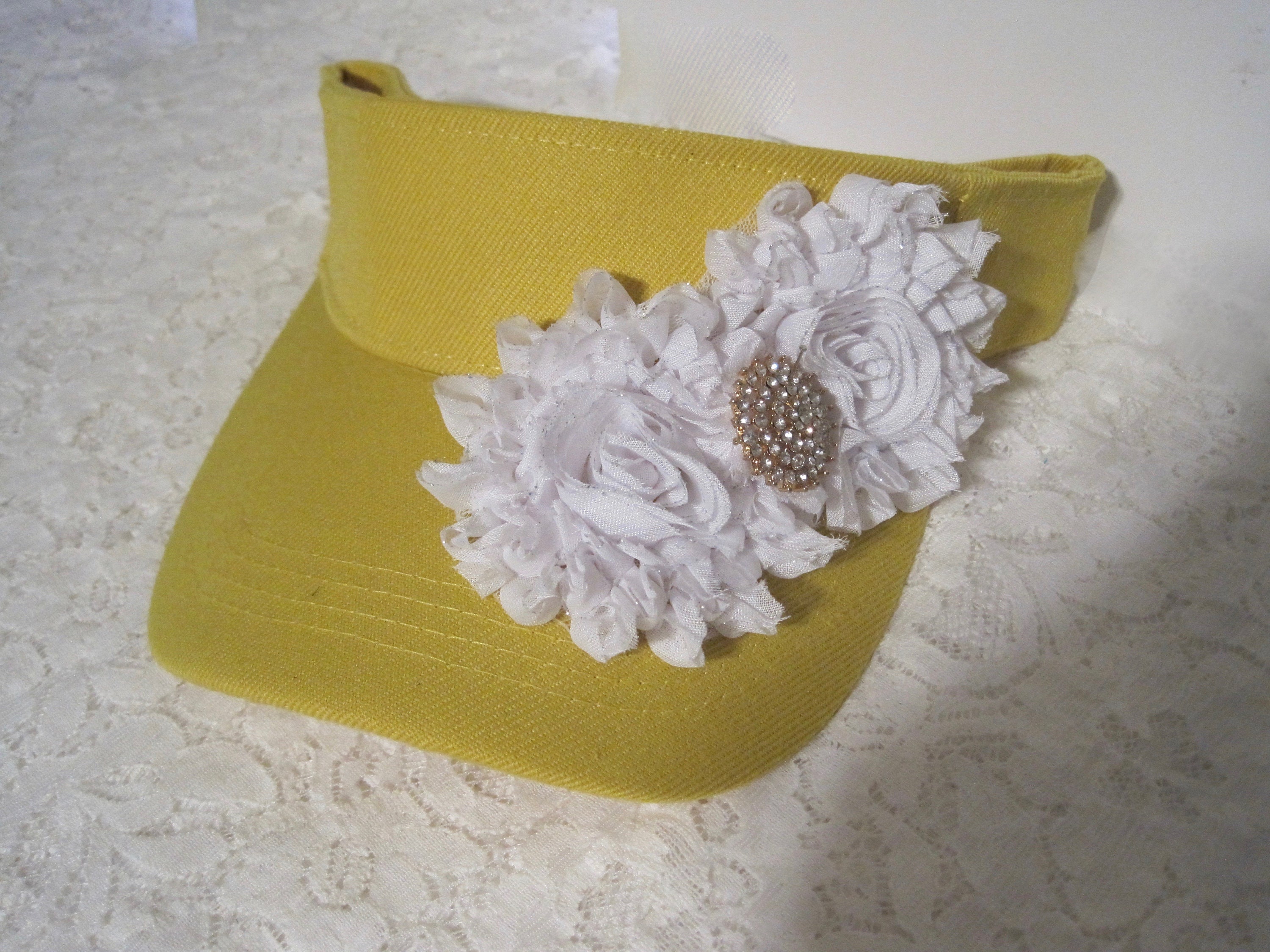 Golf Visor Sun Visor Yellow with White Chiffon Flowers and Etsy