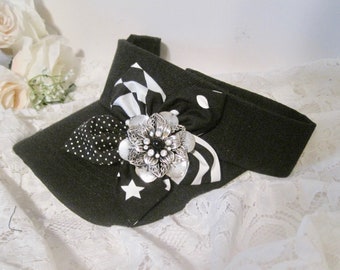 Golf Visor Black with Multiple Patterned Petal Flower and Beautiful Silver Rhinestone Accent Hat Golf Hats Visors Women Visors Sun Visors