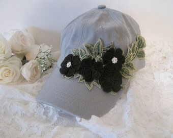 Grey Trucker Baseball Cap Dad Hat Women's Hats Black Appliqué Flower Trucker Hat Cadet Hats Trucker Hats Flower Appliqué Dads Hats