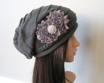 Charcoal Grey Knit Slouch Beanie With Charcoal Grey Chiffon Flowers and a Faux Rhinestone Accent Winter Hats Accessories