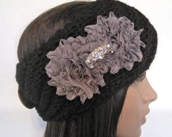 Black Pull Over Knit Ear Warmer Headband Head Wrap  with Grey Chiffon Flowers and Silver Rhinestone Accent