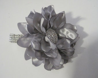 Wrist Corsage Grey Silver Satin Flower Rhinestone Bracelet Bride Bridesmaid Mother of the Bride Prom with Rhinestone Accent Custom Order