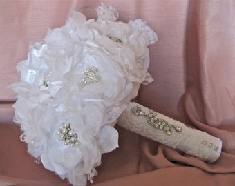Bridal Bouquet Elegant Winter White  Fabric Flower Brooch Bridal Bouquet with Rhinestone and Pearl Brooches Custom Made to Your Colors