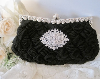 Black Satin Rhinestone Clutch: Pleated Evening Bag