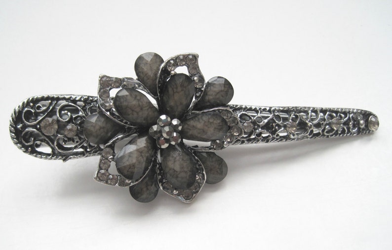 Large Refashioned Smokey Grey Flower Alligator Clip Hair Accessories Clips for Hair Prom Homecoming with Smokey Grey Rhinestones
