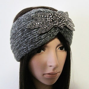 Grey Beaded Knit Ear Warmer Headband Head Wrap With Beautiful Beaded ...