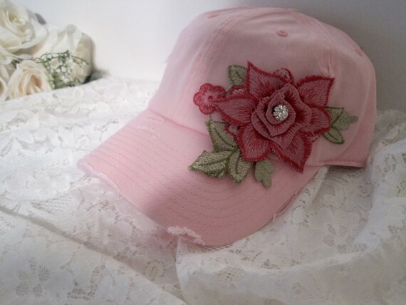 New Custom Designed White Distressed Baseball Cap with Abstract Pink Flower. Pink Custom Floral Hat – RiskyB Designs main image 3