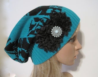 Beanie Teal Blue Recycled Sweater Slouch Beanie Winter Hats Beanies Women's Hats Repurposed Beanie Knit Beanie Flower Beanie Blue Beanie