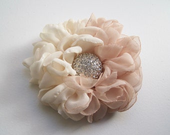Champagne Chiffon Bridal Flower Hair Clip or Brooch: Rhinestone Accent
