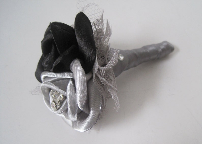 Silver Grey and Black Satin Boutonniere Groom Groomsmen Usher Father of the Bride Prom With Rhinestone Accent..Custom