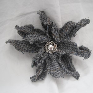 Recycled Wool Flower Brooch: Tweed Tattered Petal Pin with Antique Silver