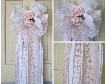 Rag Bow Baby Girl Pink Starched Shabby Chic Rag Bow Wreath Bow Pink rag bow Baby Room Rag Bow Rose Bud Rag Bow Tie Back Bow Girls Rag Bow