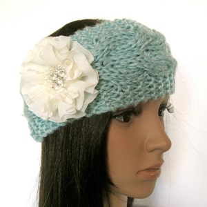 Mint Green Cable Knit Ear Warmer Headband Head Wrap Winter Hats Accessories with Ivory Chiffon Flower with Pearl and Rhinestone Accent image 3