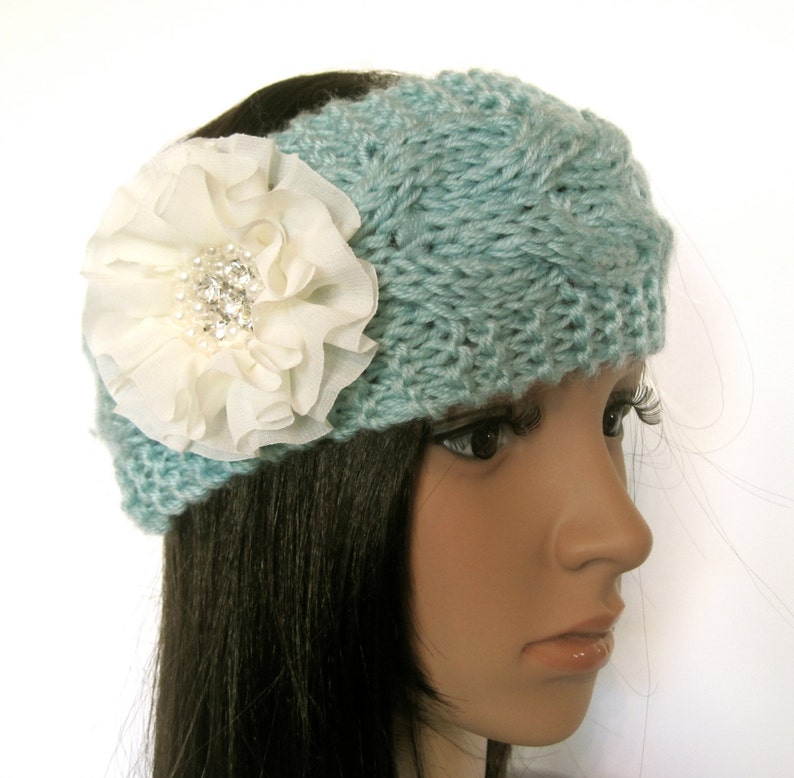 Mint Green Cable Knit Ear Warmer Headband Head Wrap Winter Hats Accessories with Ivory Chiffon Flower with Pearl and Rhinestone Accent image 3