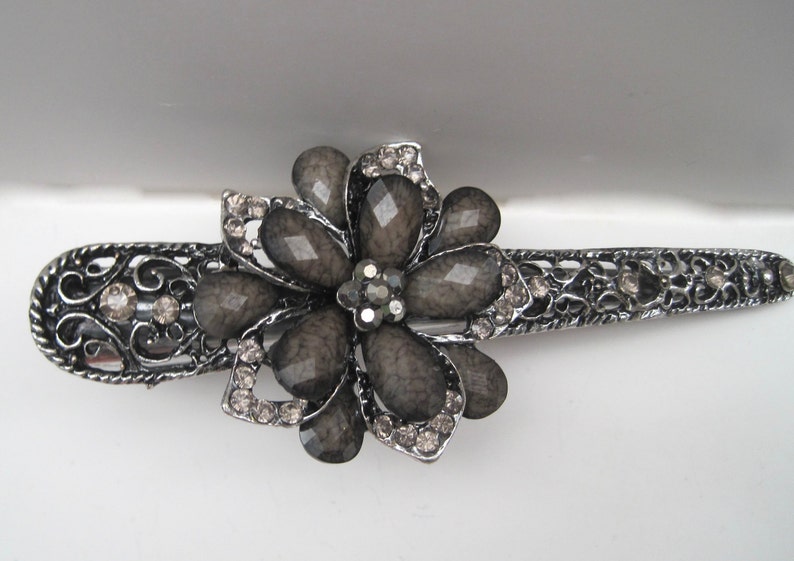 Large Refashioned Smokey Grey Flower Alligator Clip Hair Accessories Clips for Hair Prom Homecoming with Smokey Grey Rhinestones