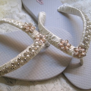 Flip Flops Bridal Wedding Ivory French Knotted with Pearl and Rhinestone Trim and Accents Bridal Sandals Wedding Beach Sandals Accessories