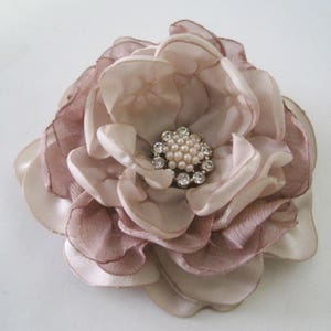 Custom Made to Order Rose Gold Champagne Satin Chiffon Flower Hair Clip Bride Bridesmaid Mother of the Bride Pearl and Rhinestone Accent image 5