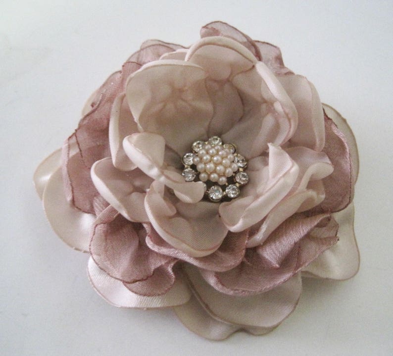 Custom Made to Order Rose Gold Champagne Satin Chiffon Flower Hair Clip Bride Bridesmaid Mother of the Bride Pearl and Rhinestone Accent image 5