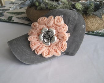 Tan Baseball Cap: Shabby Chic Flower Hat With Rhinestone  display picture 1