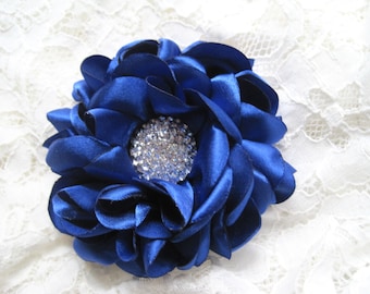 Hair Clip Royal Blue Satin Flower Wedding Bride Bridesmaid Mother of the Bride Prom with Rhinestone Accent Hair Clip or Brooch Custom Order