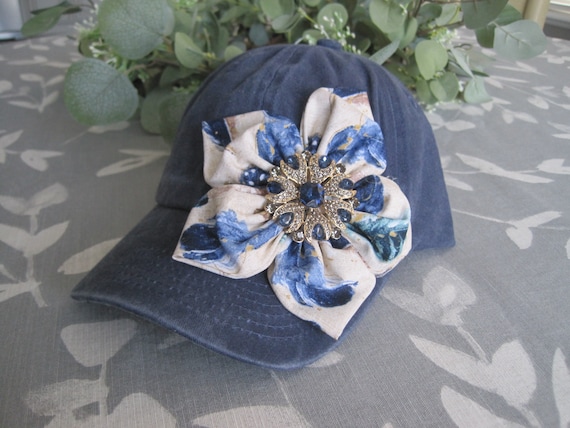 Blue Trucker Hat: Rhinestone Flower Baseball Cap - Etsy display picture 2