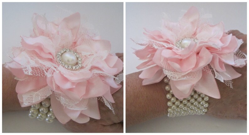 Wrist Corsage Pink Satin and Lace Pearl Cuff or Three Strand Bracelet Bridesmaid Mother of the Bride Prom with Pearl Rhinestone Accents. image 5