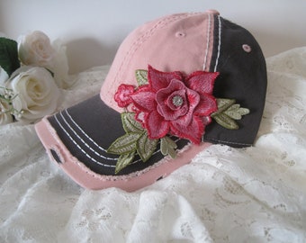 Trucker Hat Baseball Hat Pink and Grey Trucker Bling Hat Shades of Pink Flower Appliqué Trucker Pink and Grey Trucker with Flower Appliqué