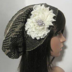 Gray Black Multi Colored Recycled Sweater Slouch Beanie with Chiffon Flowers with or Without Accents Winter Hats Sweater Hats Accessories