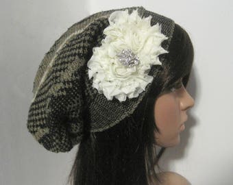 Gray Black Multi Colored Recycled Sweater Slouch Beanie with Chiffon Flowers with or Without Accents Winter Hats Sweater Hats Accessories