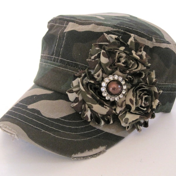 Cadet Military Distressed Hat in Army Green Camouflage with Camouflage Flowers and a Matching Brown Rhinestone Accent