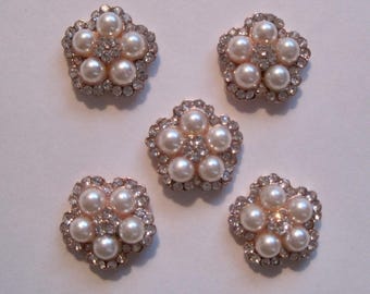 Pearl Rhinestone Brooch Component: Rose Gold Flower Embellishment (Set of 5)