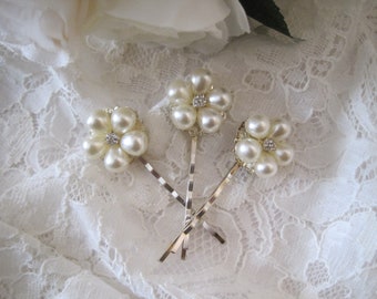 Set of Three Pearl Flower Bridal Hair Pins with Rhinestone Accent Wedding Hair Pins Bridal Hair Accessories Wedding Accessories Bridal Prom