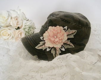 Cadet Hat Military Cap Camouflage Distressed Cadet Military Hat with Gorgeous Peach Flower Appliqué Caps Military Hat Cadet Hats Camo Hats