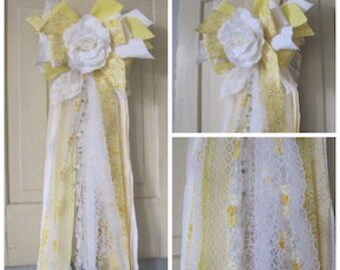 Rag Bow Baby Yellow and White  Shabby Chic Rag Bow Wreath Bow Yellow rag bow Baby Room Rag Bow Rose Rag Bow Girls Rag Bow Wreath Bows