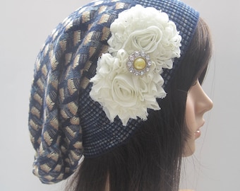 Blue Multi Colored Recycled Sweater Slouch Beanie With Ivory Chiffon Flowers With or Without Accents Winter Hats Sweater Hats Accessories