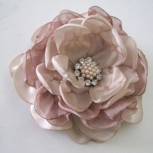 Custom Made to Order Rose Gold Champagne Satin Chiffon Flower Hair Clip Bride Bridesmaid Mother of the Bride Pearl and Rhinestone Accent image 4