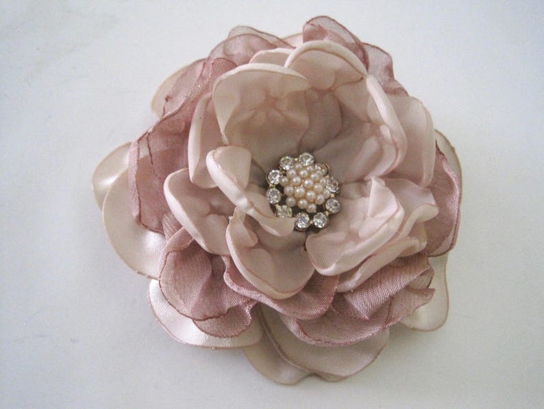 Custom Made to Order Rose Gold Champagne Satin Chiffon Flower Hair Clip Bride Bridesmaid Mother of the Bride Pearl and Rhinestone Accent image 4