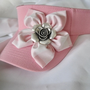 Golf Visor Pink: Print Petal Flower with Silver Metal Flower Accent