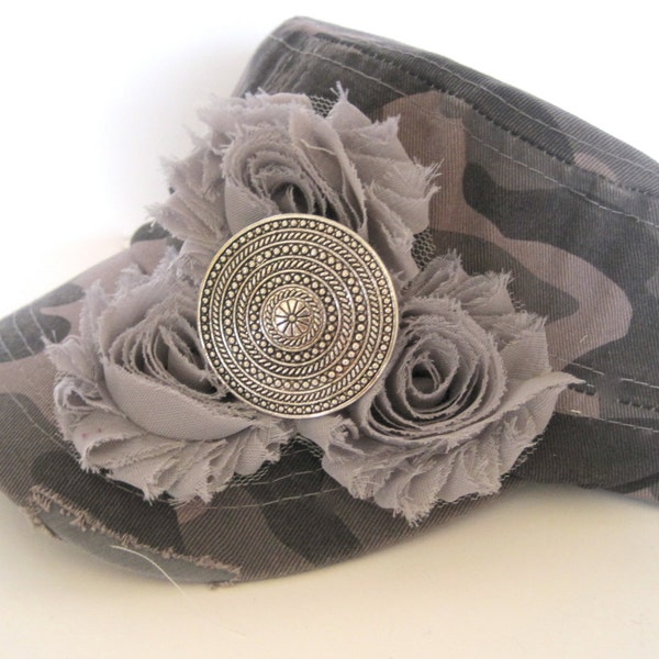 Cadet Military Distressed Hat in Grey Camouflage with Grey Chiffon Shabby Fabric Flower and Silver Accent
