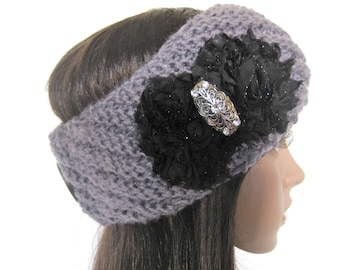 Grey Knit Ear Warmer Headband With Rhinestone Flower - Etsy display picture 2