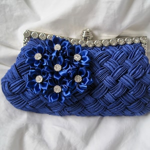 Royal Blue Pleated Front Satin Rhinestone Framed Clutch with Royal Blue Satin Rhinestone Flower Accent Purses Hand Bags Clutches Blue Clutch