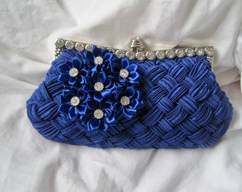 Royal Blue Pleated Front Satin Rhinestone Framed Clutch with Royal Blue Satin Rhinestone Flower Accent Purses Hand Bags Clutches Blue Clutch