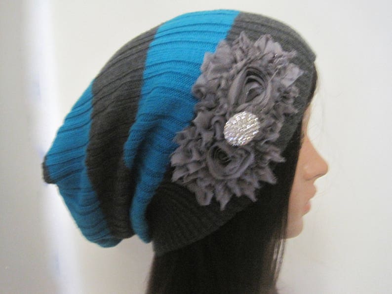 Gray and Blue Striped Recycled Sweater Slouch Beanie With Gray Chiffon Flowers and Rhinestone Accent Winter Hats Sweater Hats Accessories