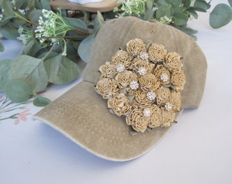 Trucker hat Tan hat Ribbon Rose baseball hat Bling hats trucker hats Champagne Flower Trucker Bling Flower Hat Rhinestone Flower Hat Trucker