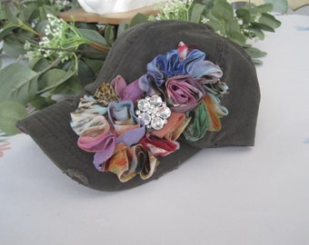 Grey Trucker Baseball Cap Dad Hat Women's Hats Variegated Chiffon FlowerTrucker Hat Cadet Hats Trucker Hats Flower Trucker Hat Bling Trucker