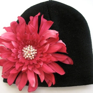 Black Baby Girl Knit Beanie with Gorgeous Bright Shocking Pink  Variegated Refashioned Dahlia and a Pearl and Pink Rhinestone  Accent