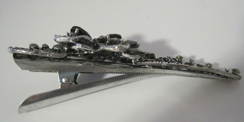 Large Refashioned Smokey Grey Flower Alligator Clip Hair Accessories Clips for Hair Prom Homecoming with Smokey Grey Rhinestones