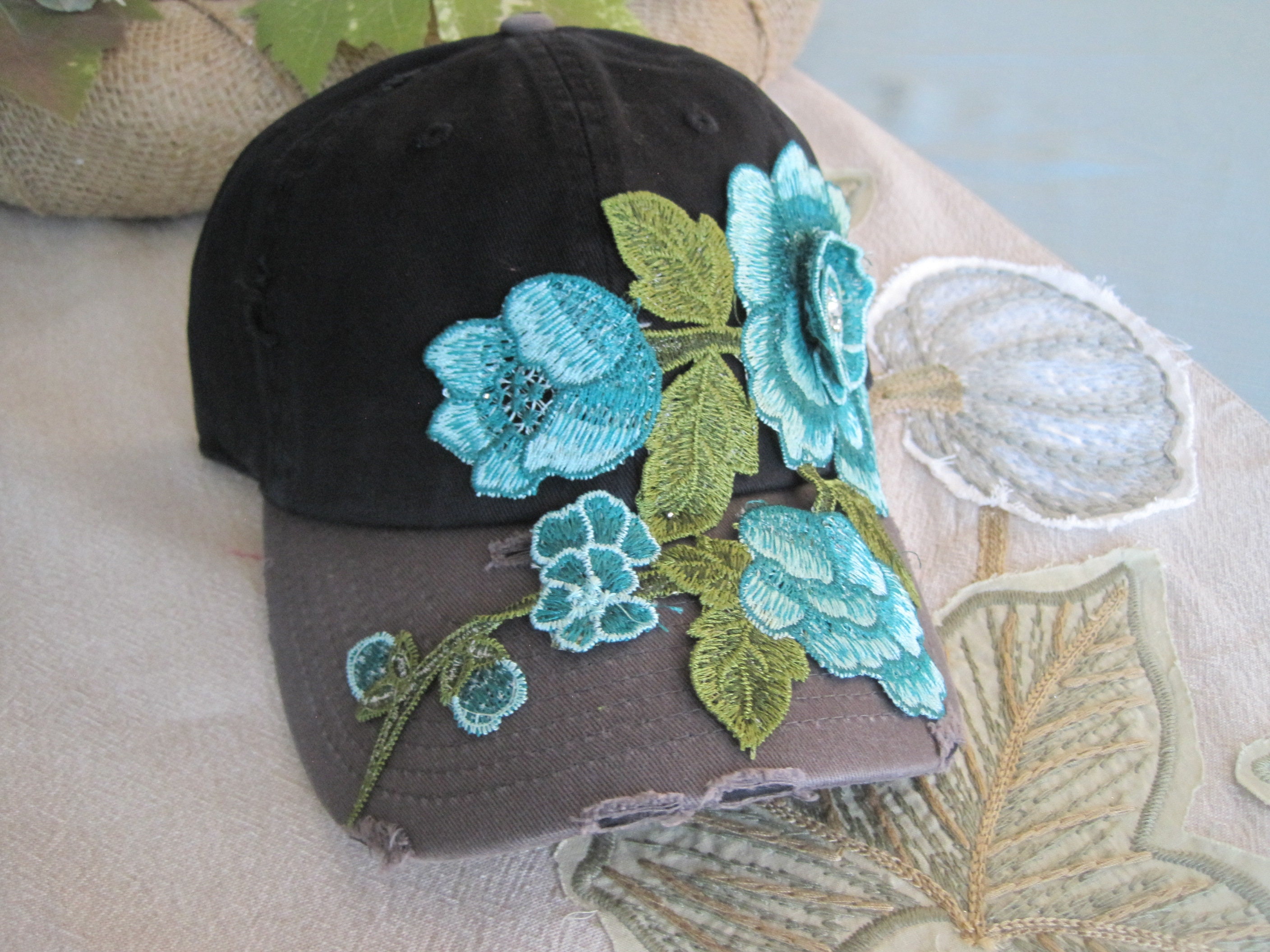 Vintage Handmade Oversized Black Cap with Flower Applique New Era Cap Flower Embroidery Black Denim 9TWENTY Adjustable Hat main image 3